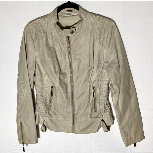 Vintage Roosevelt American College Beige Distressed Faux Leather Jacket M - Picture 16 of 16